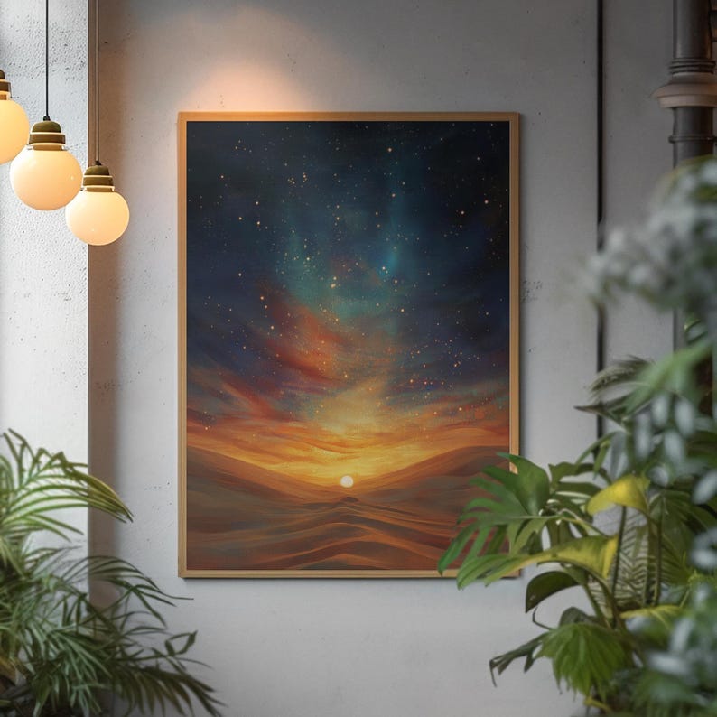 May include: A framed landscape painting depicts a desert scene at sunset. The artwork features a vibrant sky with shades of blue, orange, and red, and a bright sun setting over rolling sand dunes. The frame is a warm, light brown.