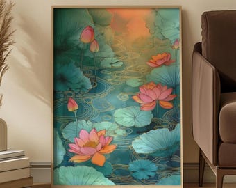 Lotus Pond Art Print: Teal Pink Serene Water Garden Scene