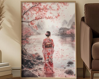 Japanese Watercolor Kimono Figure Art Print: Soft Pink Serene Cherry Blossom Scene
