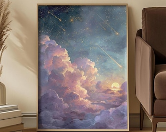 May include: A rectangular wall art print featuring a night sky filled with numerous golden stars and several bright shooting stars. Below the celestial expanse, large, voluminous clouds are illuminated in shades of pink, purple, and blue.