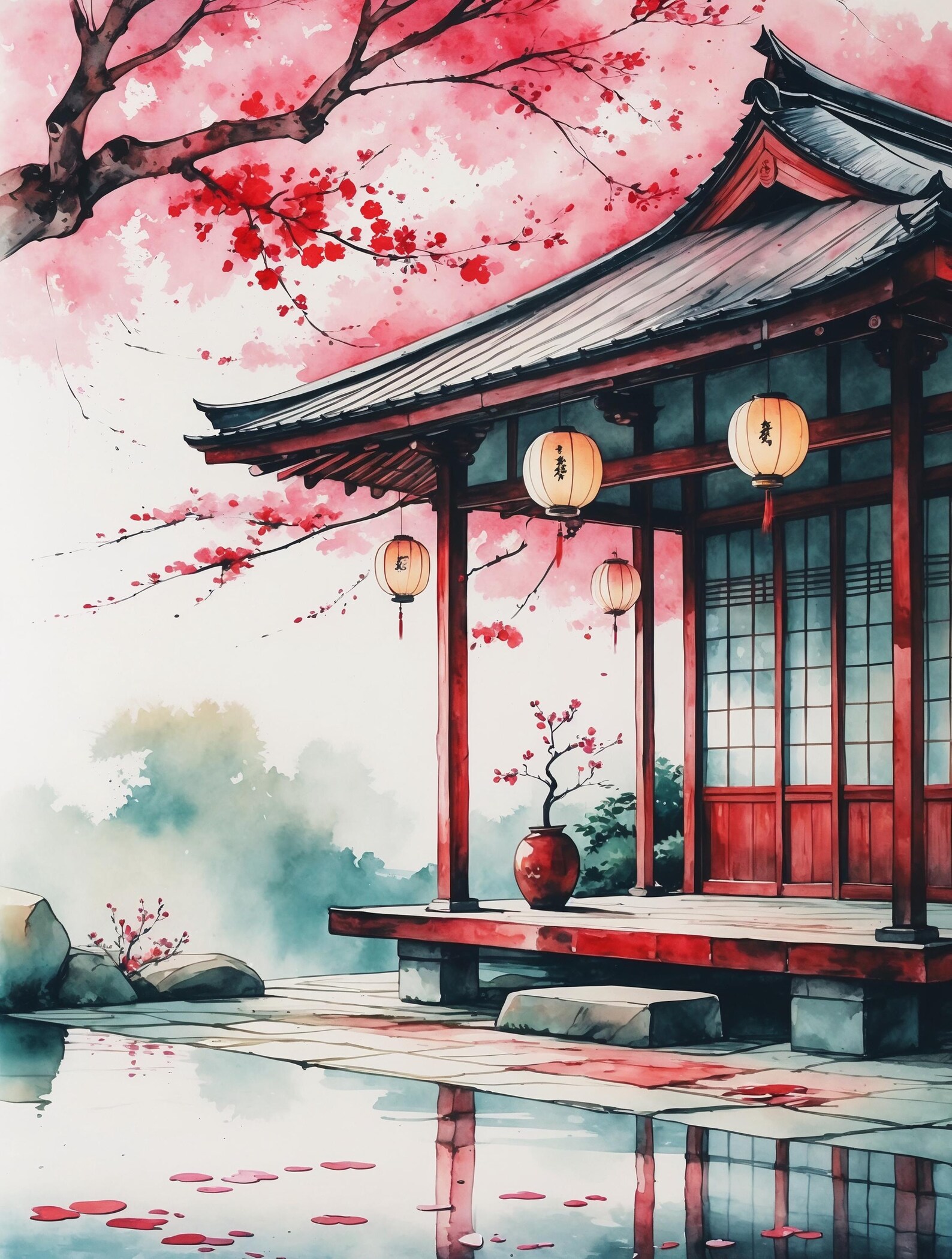 Japanese Temple Art Print: Watercolor Red Pagoda, Sakura Blossoms - Etsy
