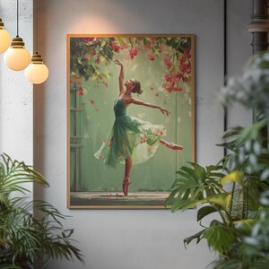 Whimsical Ballerina Art Print: Green Dress, Floral Cascade image 6