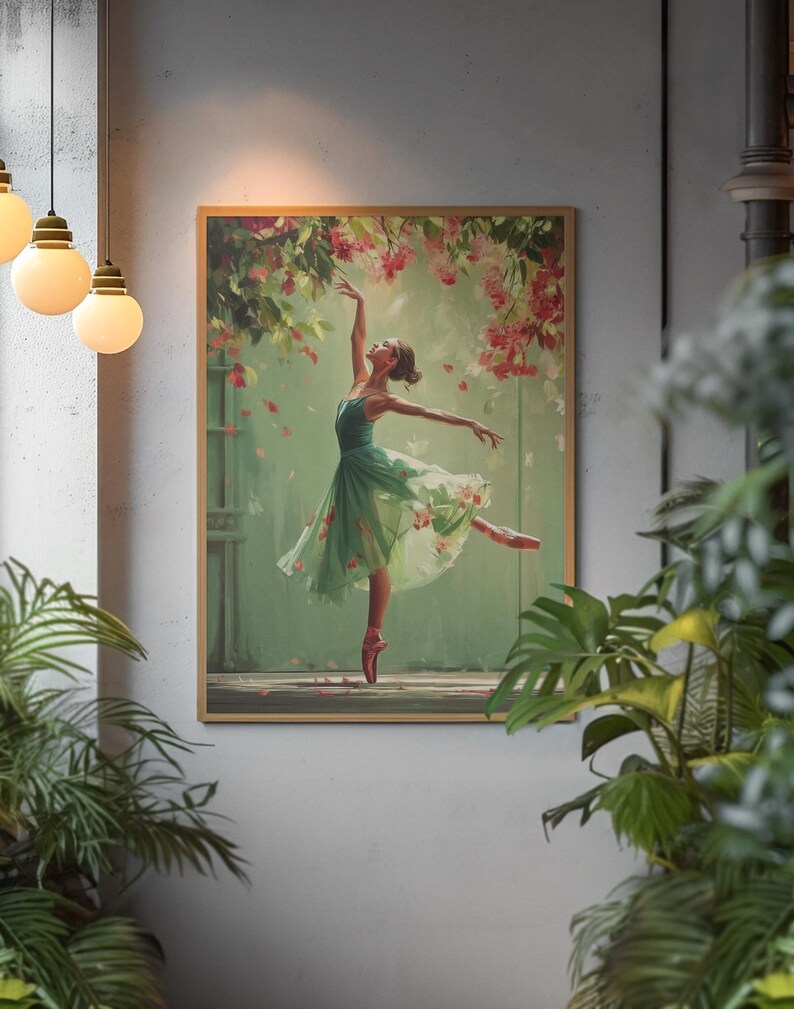 Whimsical Ballerina Art Print: Green Dress, Floral Cascade image 6