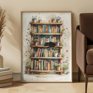 Flower Pot Bookshelf Art Print: Black Cat and Floral Reading Nook Vintage Pastel Tones