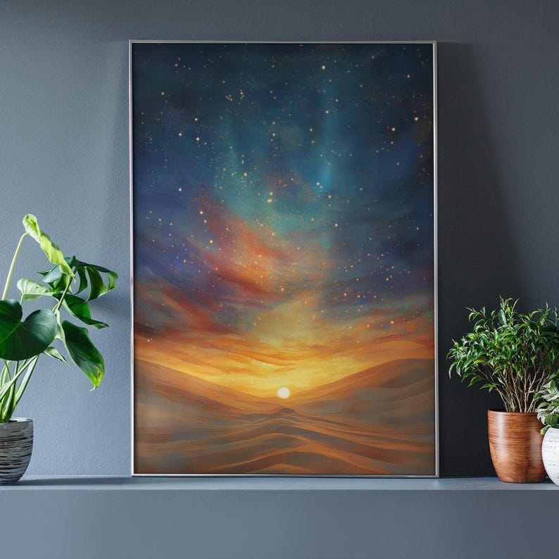 May include: A framed art print depicting a celestial landscape. The artwork features a vibrant sunset over rolling hills, with a starry night sky above. The color palette includes shades of orange, yellow, blue, and purple.