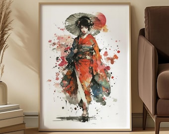 Könnte beinhalten: Ein gerahmter Wandkunstdruck mit einer Aquarellillustration einer Person in einem leuchtend roten Kimono, die einen großen Sonnenschirm hält. Das Kunstwerk enthält Spritzer in Rot-, Orange- und dunklen Tönen auf weißem Hintergrund.