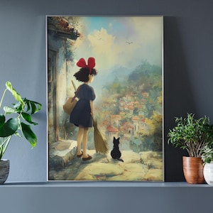 May include: A framed print of a young girl with a red bow in her hair, holding a broom and looking out over a village. A black cat sits nearby. The artwork has a soft, painterly style with a focus on the landscape.