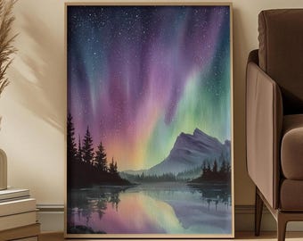 Watercolor Aurora Landscape Art Print: Purple Green Night Sky and Mountain Reflection