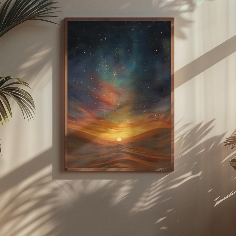 May include: A framed art print depicting a sunset over a desert landscape. The sky transitions from dark blue to orange and red, with a bright sun setting over rolling sand dunes. The artwork is framed in a brown wooden frame.