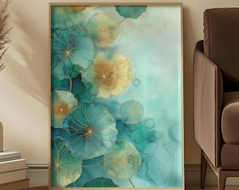 Teal and Gold Lotus Watercolor Art Print: Abstract Botanical Design