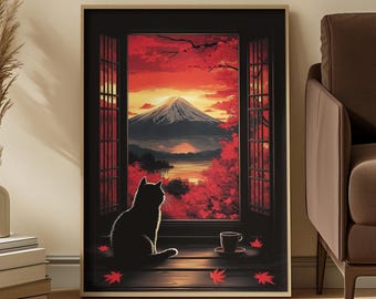 Könnte beinhalten: Ein gerahmter Kunstdruck, der die Silhouette einer schwarzen Katze zeigt, die auf einem Holzboden vor einem offenen Fenster sitzt. Der Ausblick zeigt einen schneebedeckten Berg, einen See und leuchtend rote Herbstbäume bei Sonnenuntergang.