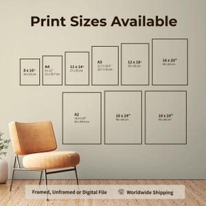 Puede incluir: Un gr&aacute;fico titulado Print Sizes Available muestra varios contornos rectangulares con dimensiones en pulgadas y cent&iacute;metros, incluyendo 8x10, A4, 11x14, A3, 12x18, 16x20, A2, 16x24 y 18x24. Abajo, el texto dice Framed, Unframed or Digital File.