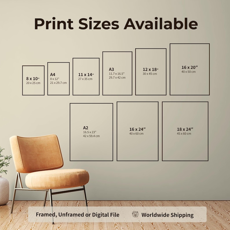 Puede incluir: Un gr&aacute;fico titulado Print Sizes Available muestra varios contornos rectangulares con dimensiones en pulgadas y cent&iacute;metros, incluyendo 8x10, A4, 11x14, A3, 12x18, 16x20, A2, 16x24 y 18x24. Abajo, el texto dice Framed, Unframed or Digital File.