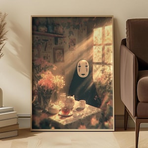 May include: Framed art print featuring a scene with a figure in a black cloak and a white mask, seated at a table set for tea. The room is lit by sunlight streaming through a window, with flowers and teacups visible.