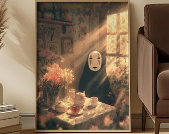 Studio Ghibli Inspired Art Print: No-Face Tea Scene, Cozy Room Decor