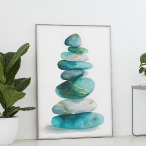 Minimalist Zen Stone Art Print: Teal Calm Balanced Watercolour Stack Scene