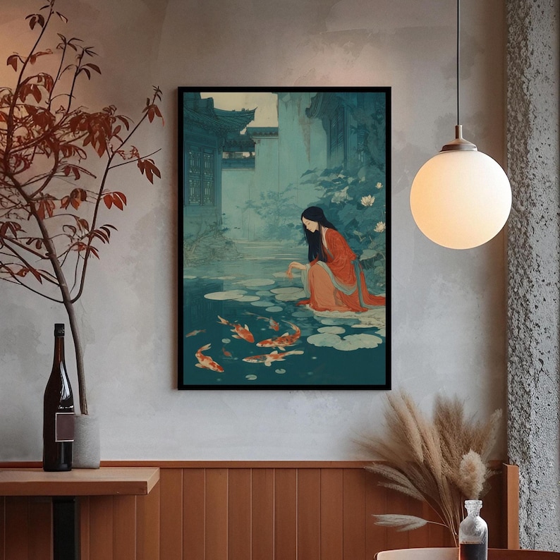 Chinese Woman Koi Pond Art Print, Asian Style Decor image 8