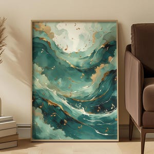 Abstract Ocean Symphony Art Print: Teal Waves and Gold Musical Notes