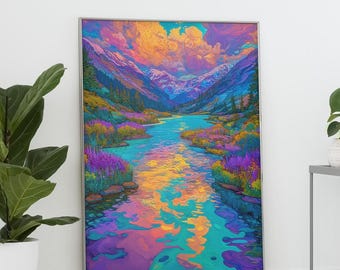Surrealistisch landschapsposter: Rainbow River, Wildflower Valley (digitale print)