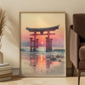 Japanese Torii Gate Art Print: Sunset Reflection Seascape in Warm Pastel Tones image 1