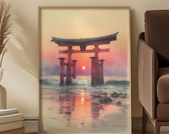 Japanese Torii Gate Art Print: Sunset Reflection Seascape in Warm Pastel Tones