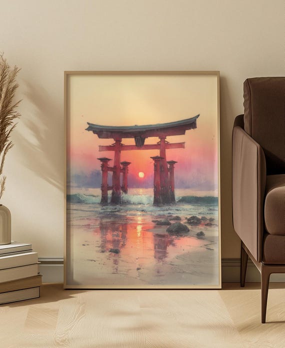 Japanese Torii Gate Art Print: Sunset Reflection Seascape in Warm Pastel Tones