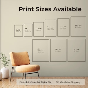 May include: A wall displays framed art prints in various sizes, including 8x10 inches, 11x14 inches, and 16x20 inches. The text "Print Sizes Available" is at the top. The bottom text reads "Framed, Unframed or Digital File" and "Worldwide Shipping".