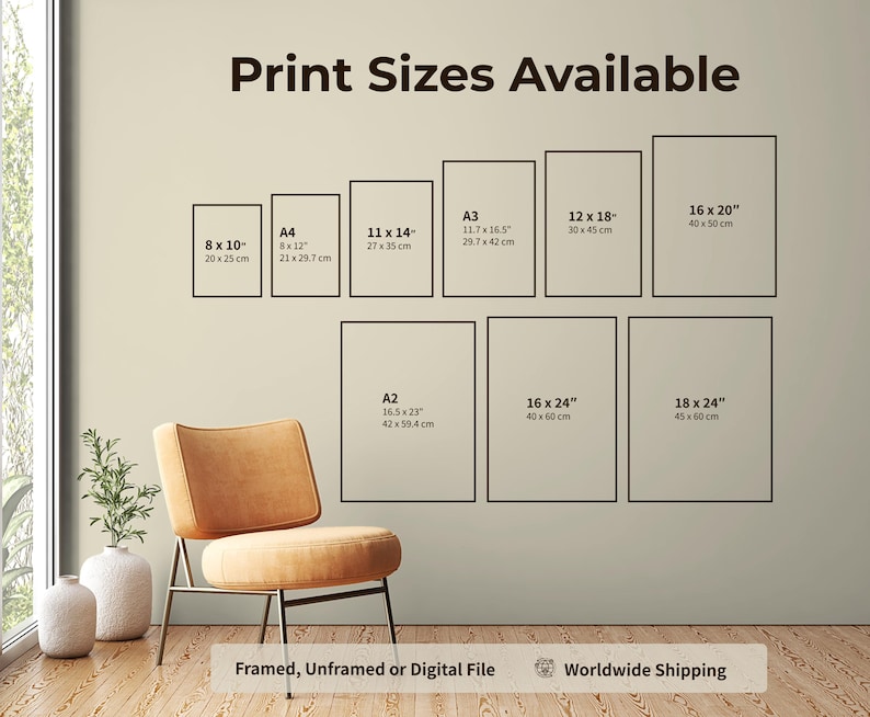 May include: A wall displays framed art prints in various sizes, including 8x10 inches, 11x14 inches, and 16x20 inches. The text "Print Sizes Available" is at the top. The bottom text reads "Framed, Unframed or Digital File" and "Worldwide Shipping".