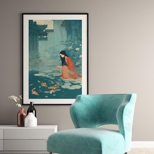 Chinese Woman Koi Pond Art Print, Asian Style Decor image 2