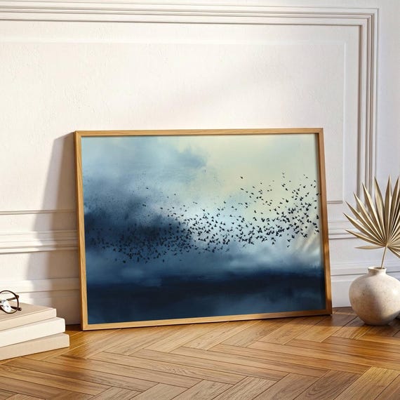 Abstract Ink Wash Crow Murmuration Art Print: Deep Blue Atmospheric Sky