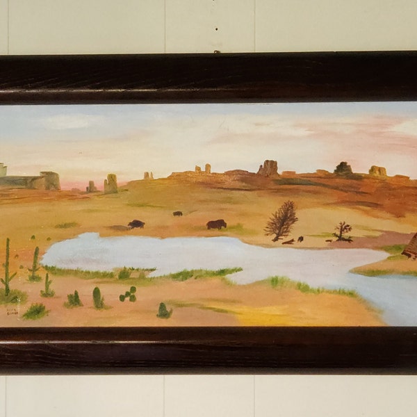 Vintage Original Oil Painting, Framed Southwestern Landscape Art, Buffalo, Catus, TeePee, Signed Southwest Landscape