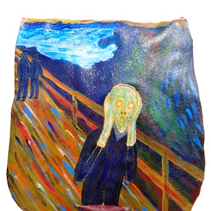 May include: A leather purse depicting Edvard Munch's "The Scream" in a colourful, stylised design. The artwork shows a figure with a screaming face, a bridge, and a vibrant sky. The purse has a dark blue strap and a red clasp.