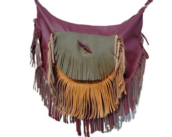 Artistic leather handbag with fringes. Handmade