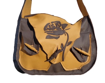 Artistic leather handbag with a rose. Handmade