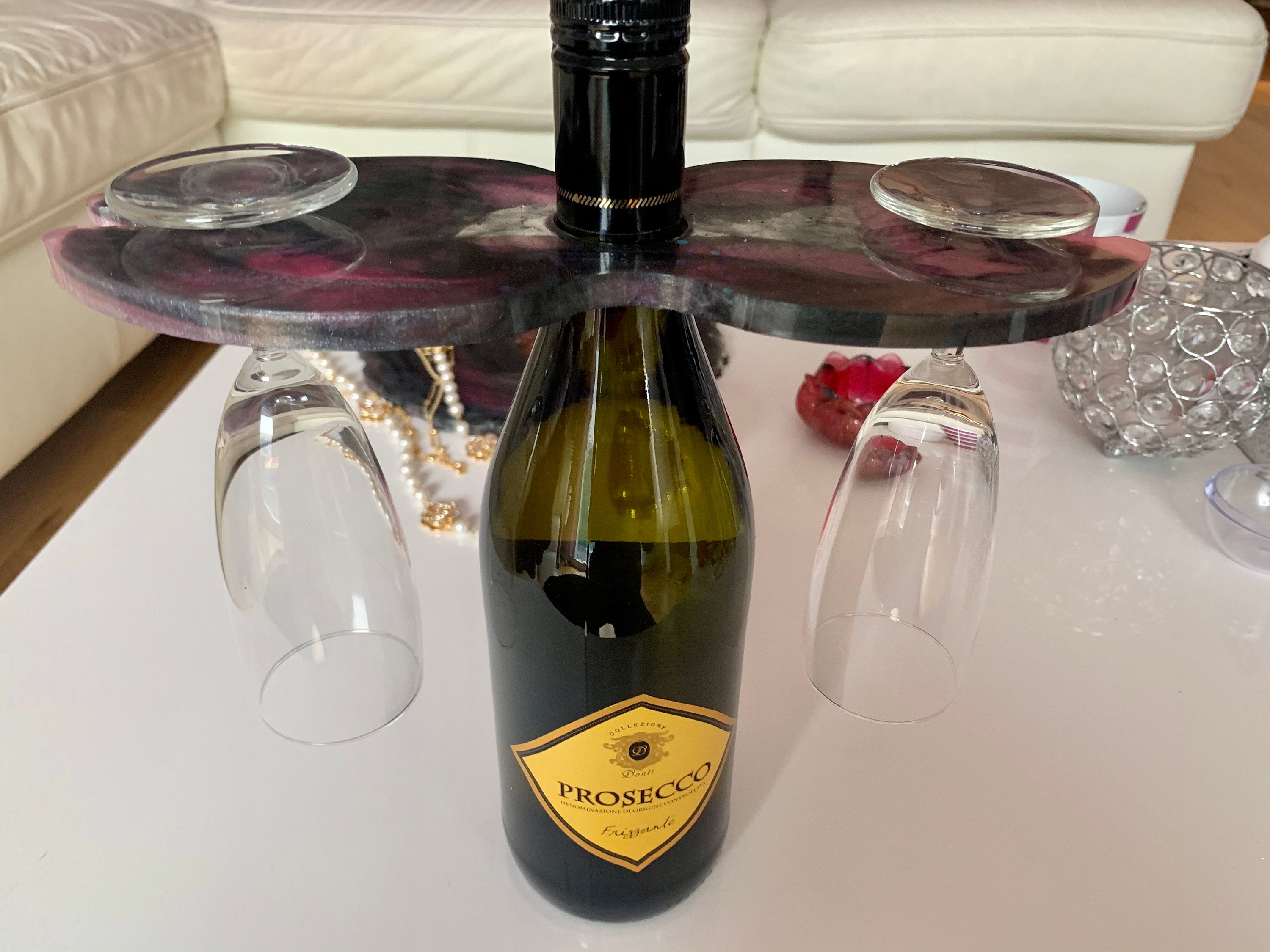 Unique wine bottle stand made of epoxy resin with 2 glasses Etsy