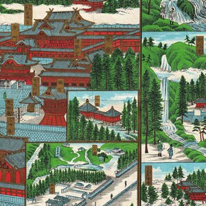 May include: A vintage Japanese woodblock print depicting a detailed illustration of a Shinto shrine complex with multiple buildings, a large bell, and surrounding trees. The print is divided into sections, each showcasing a different part of the shrine.