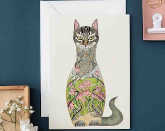 Greeting Card CAT in a ROSE GARDEN
