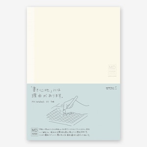 May include: A light blue background with a white rectangle in the centre. The rectangle has a grid pattern and a hand holding a pen writing on it. The text "'Writing' has a reason." and "MD Notebook A5 Grid" is below the rectangle. The text "MD PAPER" is in the top right corner of the image.
