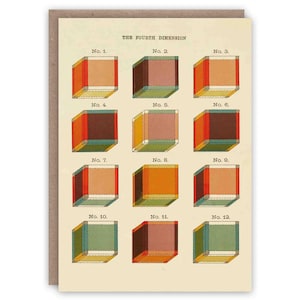 Puede incluir: Una tarjeta de felicitación de estilo vintage con el título "THE FOURTH DIMENSION" en la parte superior. La tarjeta presenta doce ilustraciones de cubos numerados y multicolores. Los cubos son en tonos de naranja, marrón, verde y amarillo, con un fondo crema.