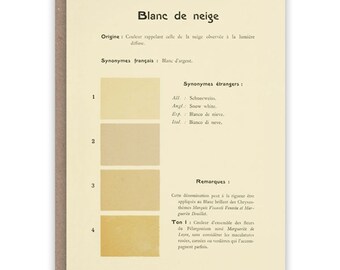 May include: A vintage-style card with the title "Blanc de neige" and color swatches. The card features text in French and English, with color comparisons and descriptions. The card is a cream color with a brown border.