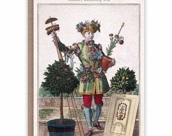 May include: A vintage illustration of a man dressed in a green and red suit with flowers and plants around his neck and head. He is holding a potted plant and a gardening tool. The text "Another Blooming Year" is at the top of the image.