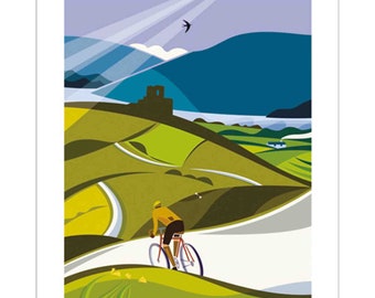 May include: A cyclist in a yellow jersey rides a red bicycle up a winding road in a green and blue landscape. The road leads to a stone building in the distance. The sky is blue with white clouds and sunbeams.