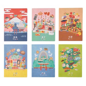 May include: A set of six rectangular notebooks featuring colorful illustrations of Japanese landmarks and culture, including scenes labeled Nippon, Tokyo, Kyoto, Osaka, Hiroshima, and Kyushu, each with distinct regional motifs and text.
