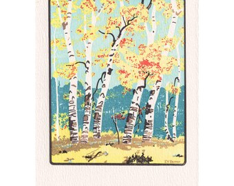 May include: A colorful art print featuring a forest scene with birch trees. The trees have white bark with black markings and yellow and red foliage. The background is a mix of blue and green, with a yellow foreground.