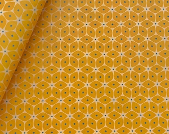 May include: A fabric featuring a repeating geometric pattern of mustard yellow petal shapes arranged in a grid. Each intersection is marked by a small, dark blue dot, and the petals are outlined in a thin, light cream-colored line, creating a floral effect.