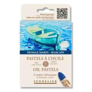 May include: Oil pastels set featuring a seascape painting on the box. The box includes the text "PAYSAGE MARIN - SEASCAPE" and "OIL PASTELS". A blue pastel is visible on the bottom right. The set contains 6 thematic colors.