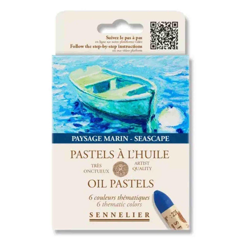May include: Oil pastels set featuring a seascape painting on the box. The box includes the text "PAYSAGE MARIN - SEASCAPE" and "OIL PASTELS". A blue pastel is visible on the bottom right. The set contains 6 thematic colors.