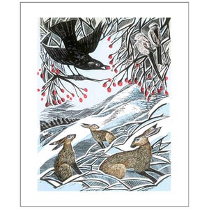 May include: A winter scene print featuring a black crow in flight, perched birds, and three hares in a snowy landscape. The branches are adorned with red berries. The artwork is in a woodcut style.