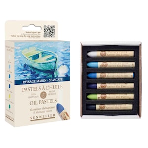 May include: A box of Sennelier oil pastels with a seascape theme. The box features an image of a boat on the water. Inside, six thematic colors of artist-quality oil pastels are displayed, each with a different shade of blue, green, and black.