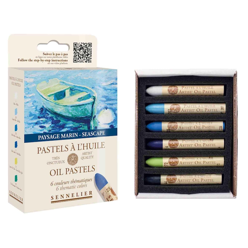 May include: A box of Sennelier oil pastels with a seascape theme. The box features an image of a boat on the water. Inside, six thematic colors of artist-quality oil pastels are displayed, each with a different shade of blue, green, and black.